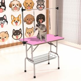 36" Folding Dog Pet Grooming Table Stainless Steel Frame Rubber Mat on Board with Adjustable Arm and Clamps pet dog Cat Grooming Table (PINK COLOR) (Color: as Pic)